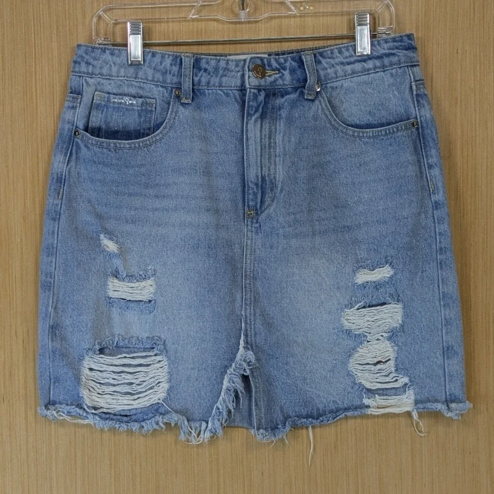 Women's Boho Western Y2K Festival Distressed Denim Mini Skirt Large‎ Raw Hem